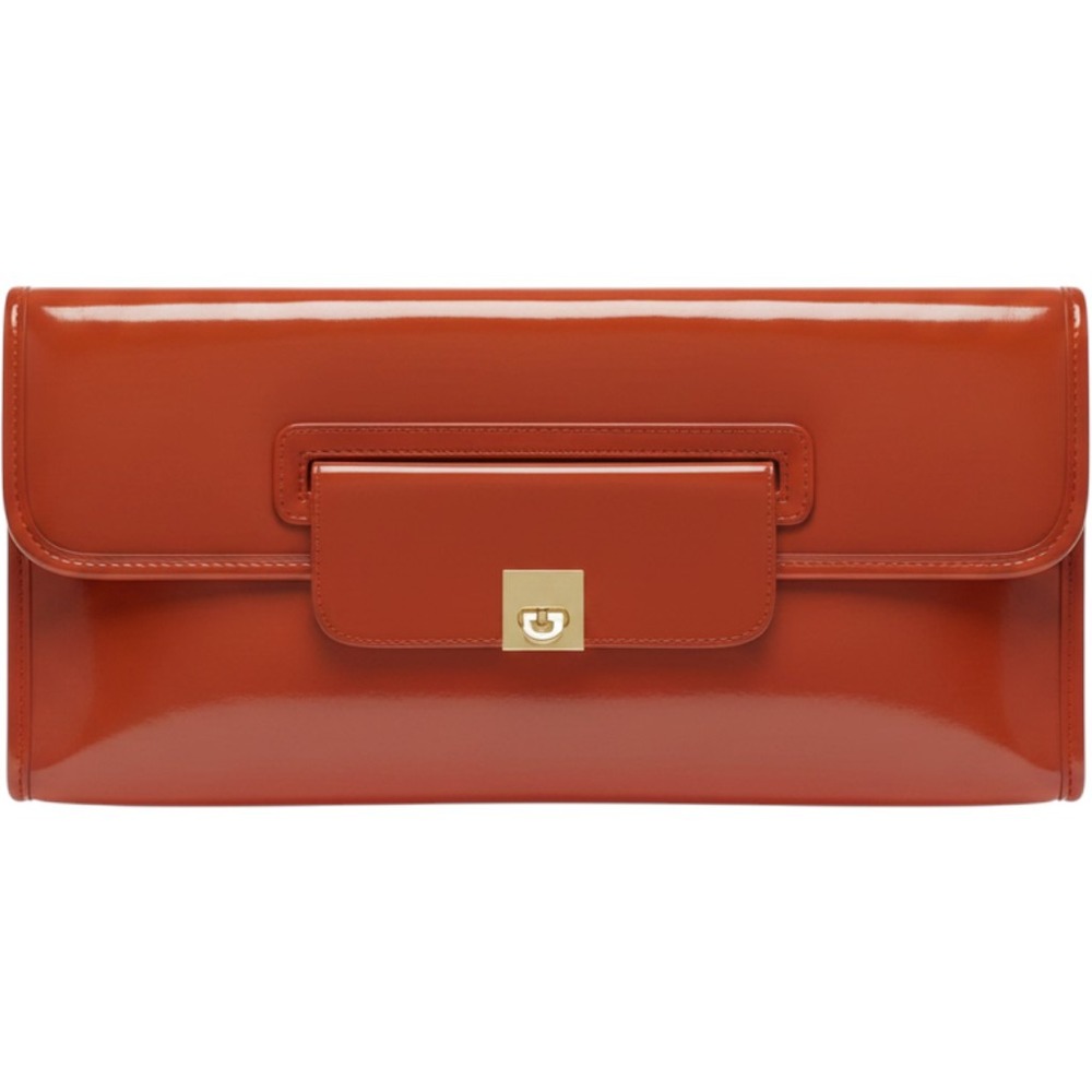 H&M Burnt Orange Patent Faux Leather Clutch Bag Gold Turn Lock Evening‎ Purse